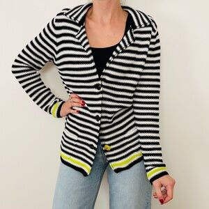 Renuar knit striped black white neon green cotton blend cardigan sweater